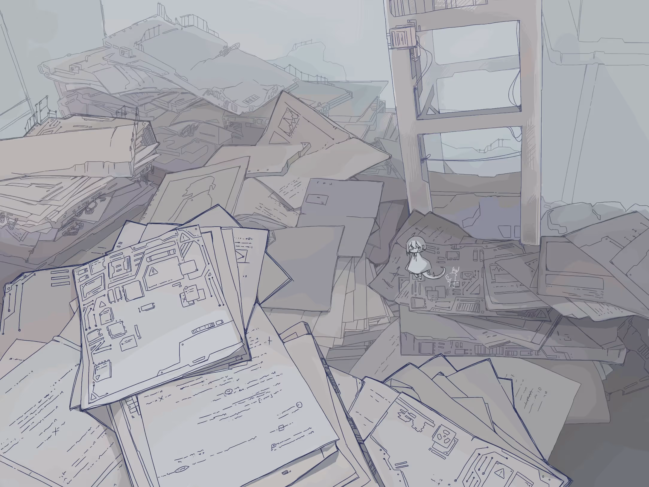 一名披着斗篷的短发女孩在比她身体大数倍的图纸与试卷的丛林中漫步。